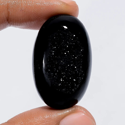 Gorgeous Top Grade Quality 100% Natural Black Onyx Druzy Oval Shape Cabochon Loose Gemstone For Making Jewelry 44 Ct. 32X20X8 mm V-6083