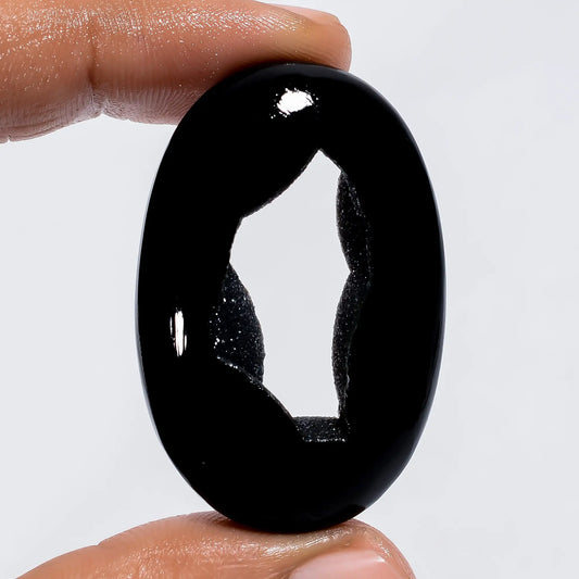 Marvellous Top Grade Quality 100% Natural Window Black Onyx Druzy Oval Shape Cabochon Gemstone For Making Jewelry 62 Ct. 43X28X7 mm V-6086