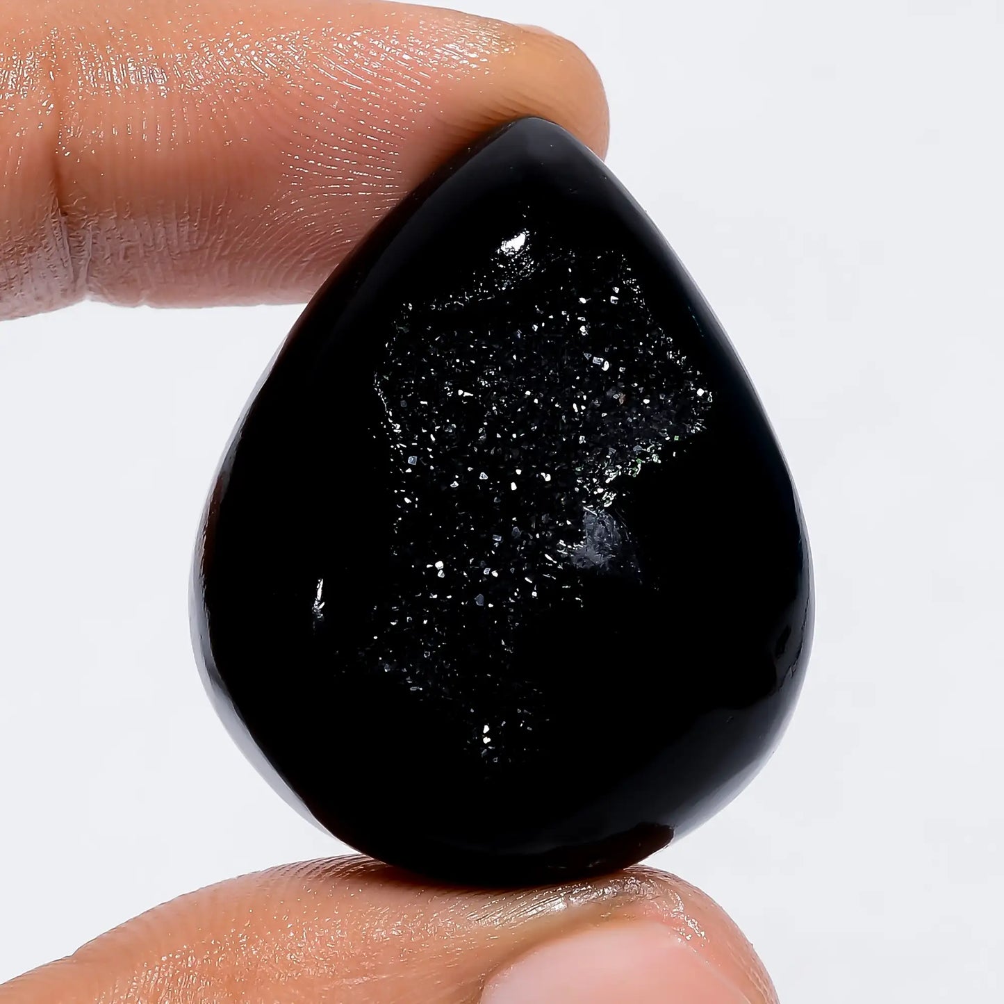 Splendid Top Grade Quality 100% Natural Black Onyx Druzy Pear Shape Cabochon Loose Gemstone For Making Jewelry 72.5 Ct. 33X27X11 mm V-6089