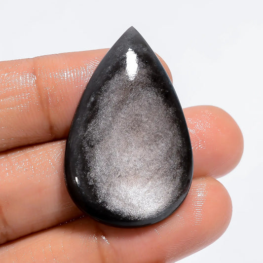 Fantastic Top Grade Quality 100% Natural Silver Sheen Obsidian Pear Shape Cabochon Loose Gemstone For Making Jewelry 27.5 Ct 34X22X5 mm V-6334