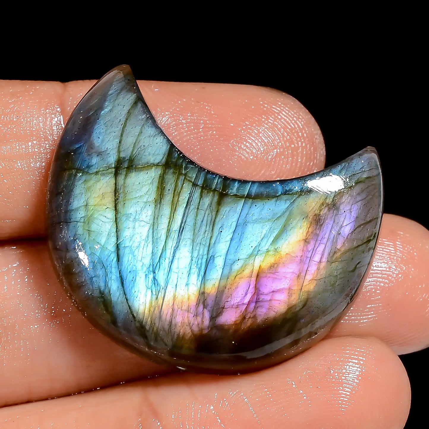 Splendid Top Grade Quality 100% Natural Multi Labradorite Crescent Moon Shape Cabochon Gemstone For Making Jewelry 45 Ct. 30X25X8 mm V-6971