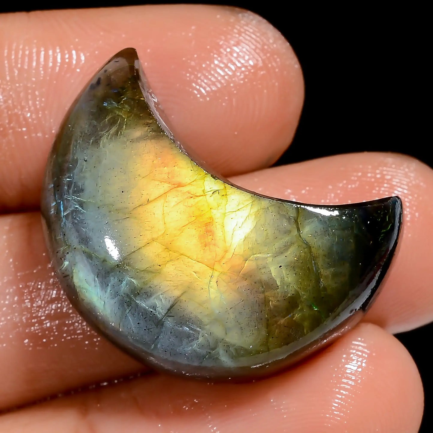 Tempting Top Grade Quality 100% Natural Golden Labradorite Crescent Moon Shape Cabochon Gemstone For Making Jewelry 34 Ct. 26X19X8 mm V-6975