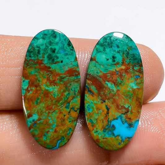 Classic Top Grade Quality 100% Natural Australian Chrysocolla Oval Shape Cabochon Gemstone Pair For Making Earrings 18.5 Ct 23X11X2 mm V-7144