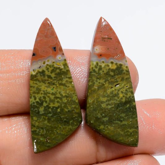 Elegant Top Grade Quality 100% Natural Ocean Jasper Fancy Shape Cabochon Loose Gemstone Pair For Making Earrings 20.5 Ct. 30X11X2 mm V-7173