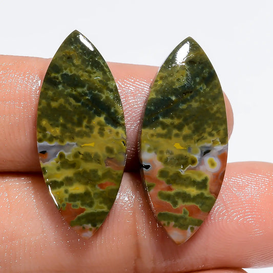 Outstanding Top Grade Quality 100% Natural Ocean Jasper Marquise Shape Cabochon Gemstone Pair For Making Earrings 13.5 Ct. 26X10X2 mm V-7180