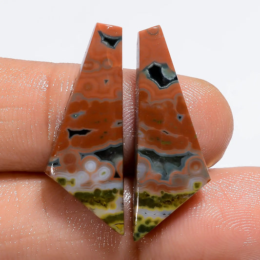 Superb Top Grade Quality 100% Natural Ocean Jasper Fancy Shape Cabochon Loose Gemstone Pair For Making Earrings 15 Ct. 27X9X3 mm V-7182