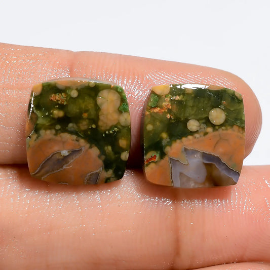 Terrific Top Grade Quality 100% Natural Rhyolite Cushion Shape Cabochon Loose Gemstone Pair For Making Earrings 12 Ct. 12X12X2 mm V-7185