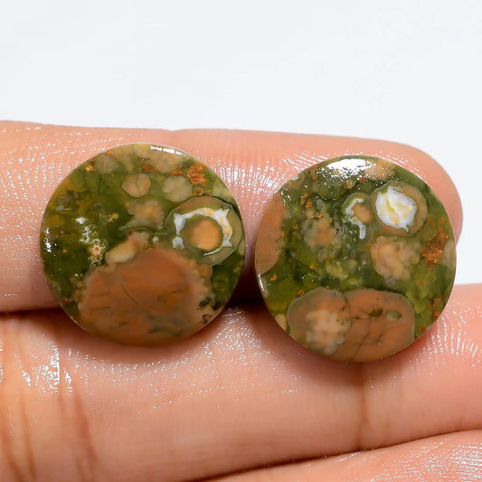 Wonderful Top Grade Quality 100% Natural Rhyolite Round Shape Cabochon Loose Gemstone Pair For Making Earrings 17 Ct. 15X15X2 mm V-7187