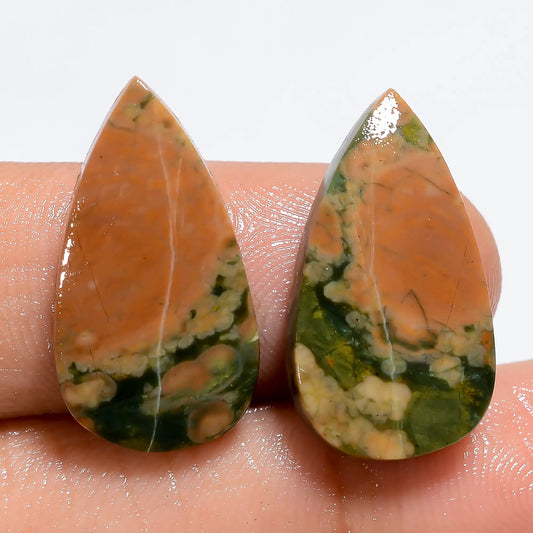 Beautiful Top Grade Quality 100% Natural Rhyolite Pear Shape Cabochon Loose Gemstone Pair For Making Earrings 14.5 Ct. 21X11X3 mm V-7190