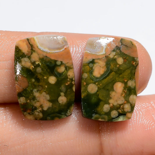 Dazzling Top Grade Quality 100% Natural Rhyolite Radiant Shape Cabochon Loose Gemstone Pair For Making Earrings 17 Ct. 16X11X3 mm V-7192