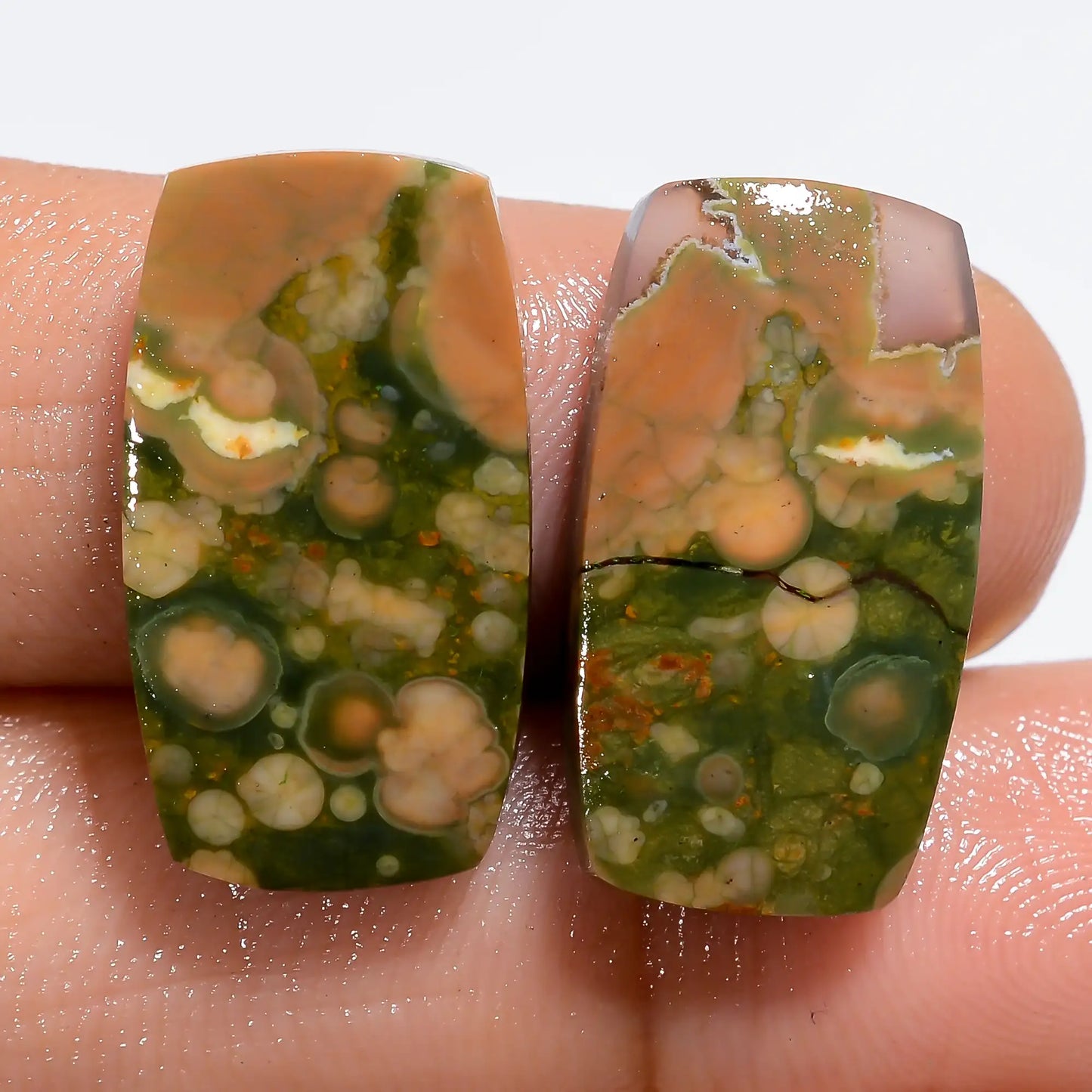 Excellent Top Grade Quality 100% Natural Rhyolite Radiant Shape Cabochon Loose Gemstone Pair For Making Earrings 18 Ct. 20X10X3 mm V-7193