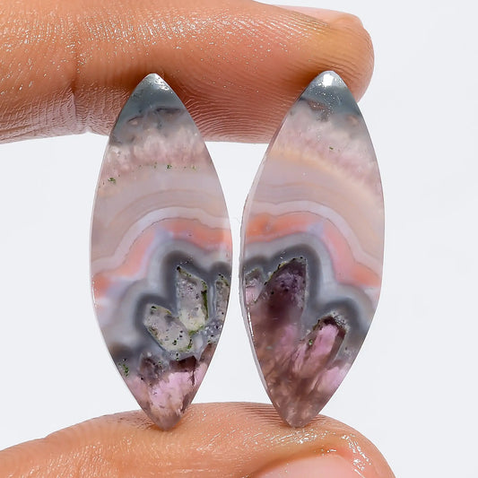 Stunning Top Grade Quality 100% Natural Amethyst Lace Agate Marquise Shape Cabochon Loose Gemstone Pair For Making Earrings 21 Ct 28X10X3 mm V-7206