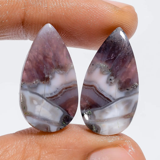 Dazzling Top Grade Quality 100% Natural Amethyst Lace Agate Pear Shape Cabochon Loose Gemstone Pair For Making Earrings 21.5 Ct. 22X12X3 mm V-7217