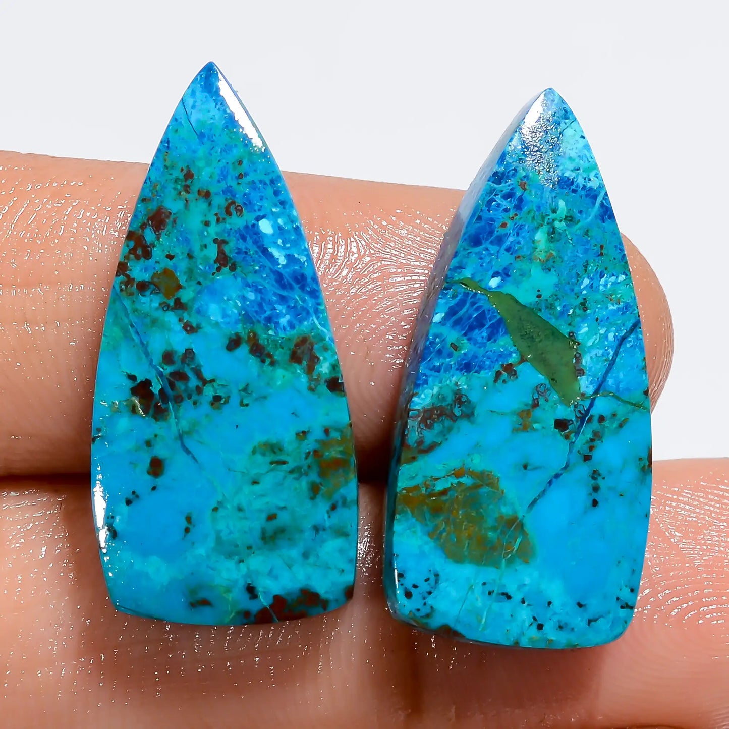 Supreme Top Grade Quality 100% Natural Shattuckite Triangle Shape Cabochon Loose Gemstone Pair For Making Earrings 27 Ct. 25X11X3 mm V-7257