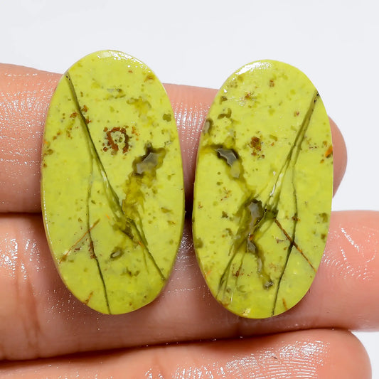 Incredible Top Grade Quality 100% Natural Green Opal Oval Shape Cabochon Loose Gemstone Pair For Making Earrings 25.5 Ct. 27X14X3 mm V-7275