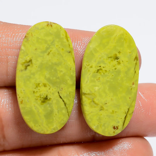 Outstanding Top Grade Quality 100% Natural Green Opal Oval Shape Cabochon Loose Gemstone Pair For Making Earrings 26 Ct. 26X13X3 mm V-7278