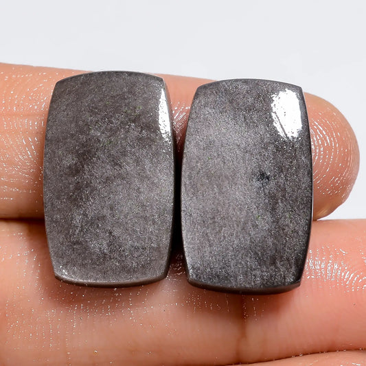 Supreme Top Grade Quality 100% Natural Silver Sheen Obsidian Radiant Shape Cabochon Gemstone Pair For Making Earrings 19 Ct 19X11X3 mm V-7285