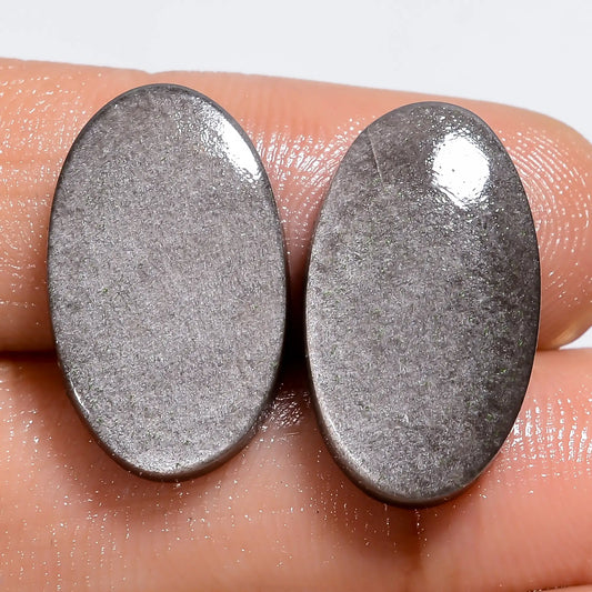 Silver Sheen Obsidian Oval Shape Cabochon Loose Gemstone Pair Natural 16.5 Ct. 19X10X3 mm V-7286