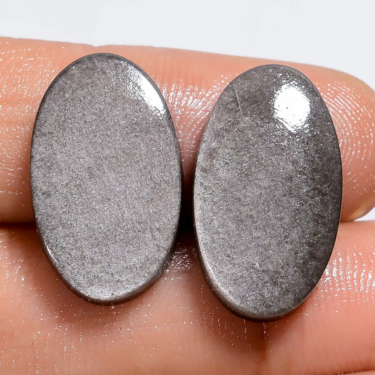 Tempting Top Grade Quality 100% Natural Silver Sheen Obsidian Oval Shape Cabochon Gemstone Pair For Making Earrings 16.5 Ct 19X10X3 mm V-7286