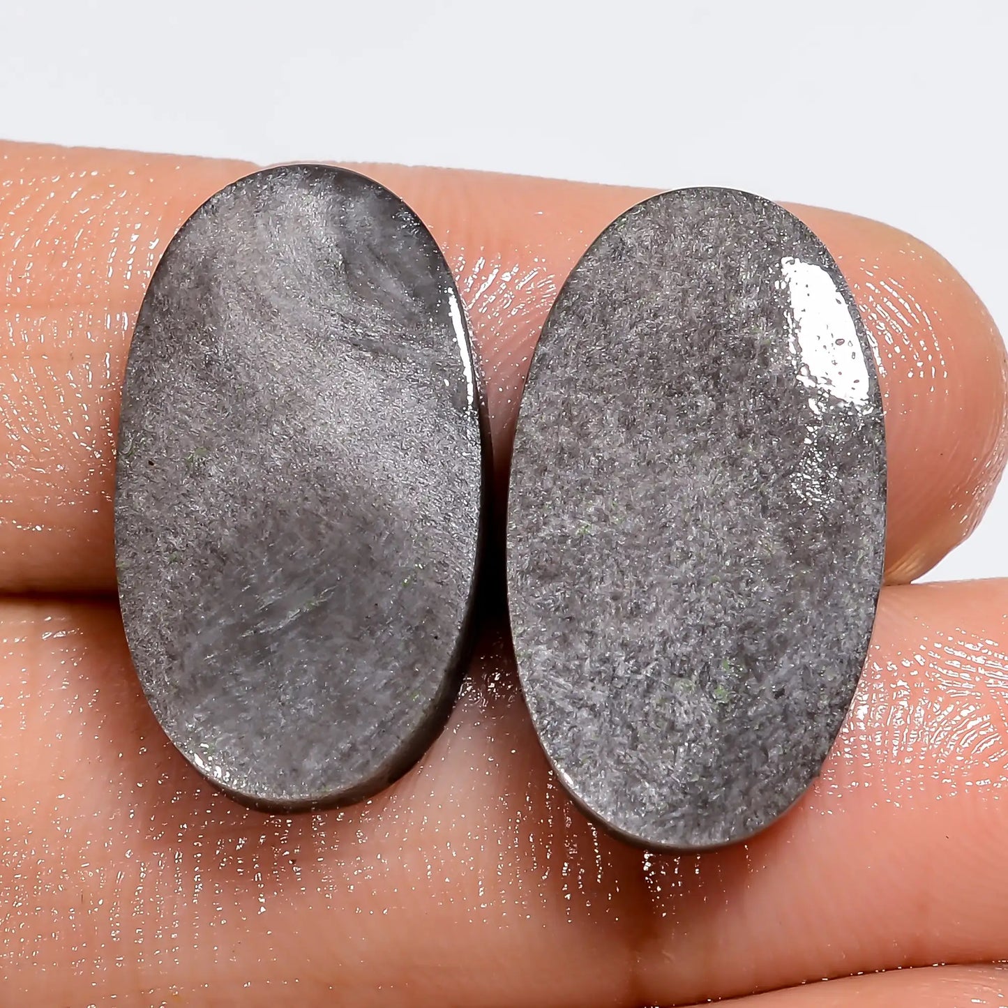 Terrific Top Grade Quality 100% Natural Silver Sheen Obsidian Oval Shape Cabochon Gemstone Pair For Making Earrings 15 Ct. 20X10X2 mm V-7287