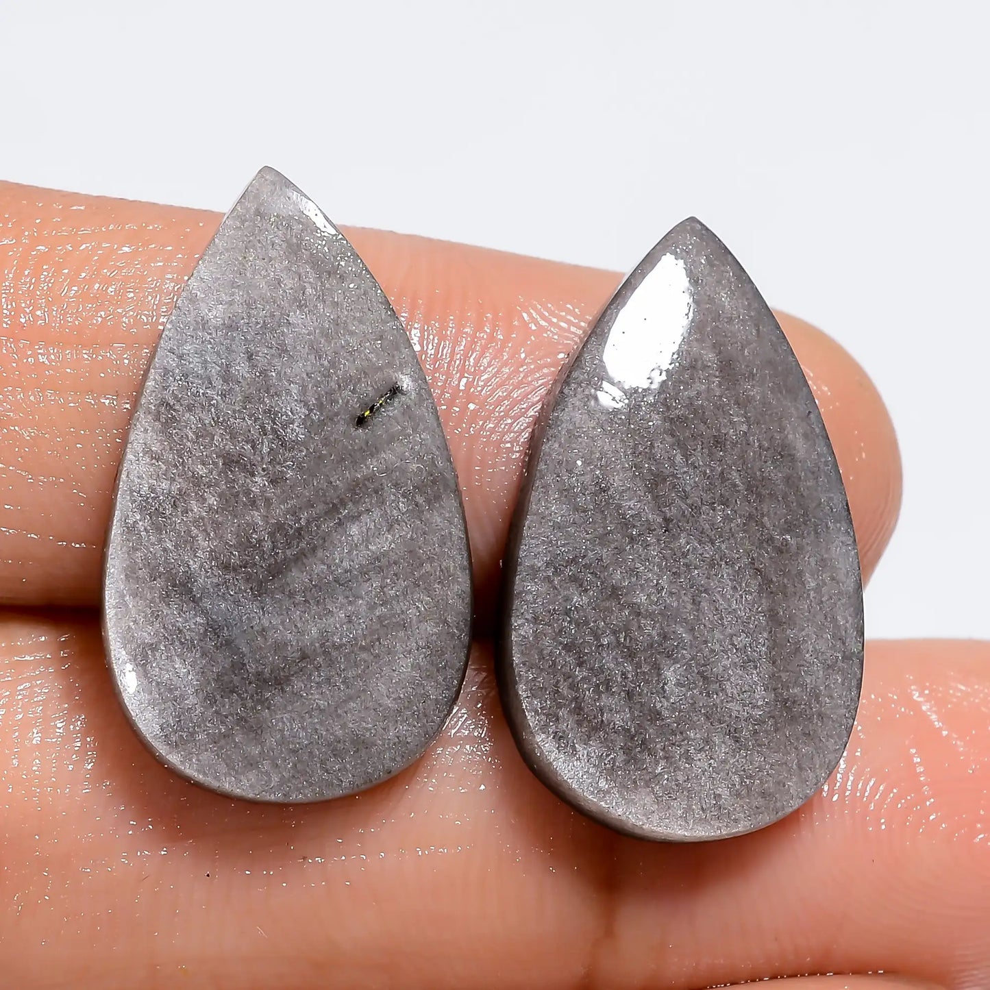 Unique Top Grade Quality 100% Natural Silver Sheen Obsidian Pear Shape Cabochon Gemstone Pair For Making Earrings 15 Ct. 22X12X2 mm V-7288