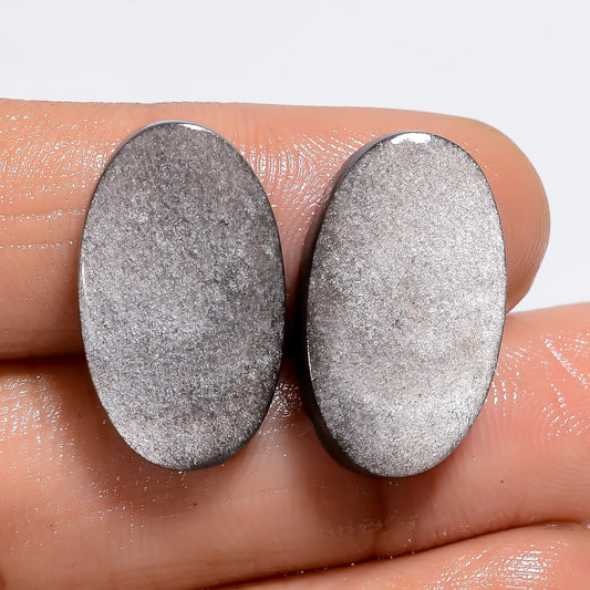 Amazing Top Grade Quality 100% Natural Silver Sheen Obsidian Oval Shape Cabochon Gemstone Pair For Making Earrings 18.5 Ct 19X11X3 mm V-7290