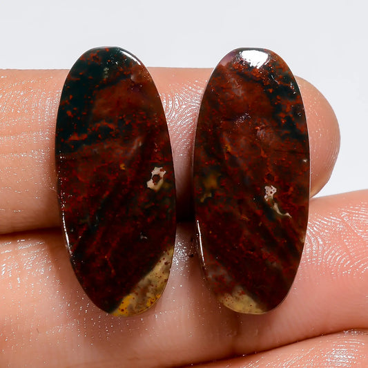 Marvellous Top Grade Quality 100% Natural Bloodstone Oval Shape Cabochon Loose Gemstone Pair For Making Earrings 22 Ct. 23X10X3 mm V-7307