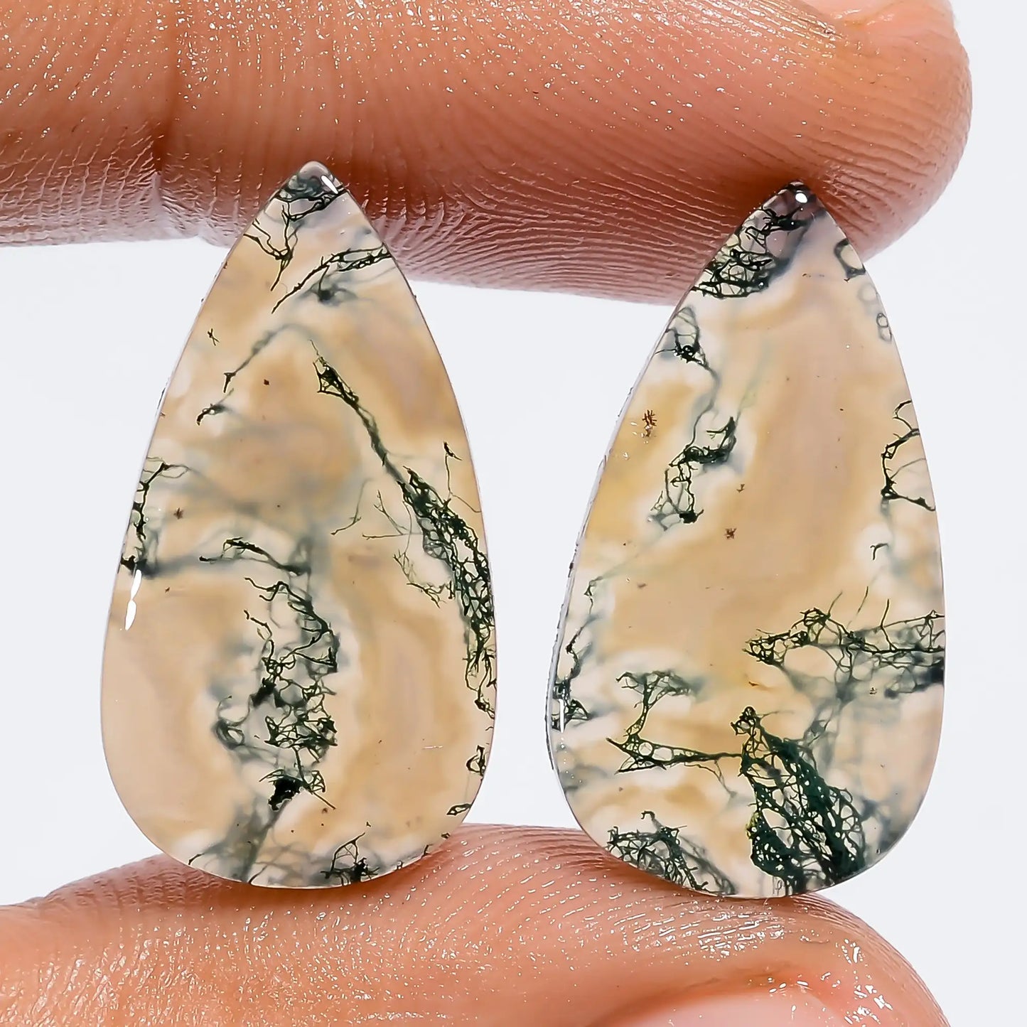 Supreme Top Grade Quality 100% Natural Moss Agate Pear Shape Cabochon Loose Gemstone Pair For Making Earrings 18 Ct. 21X11X3 mm V-7313