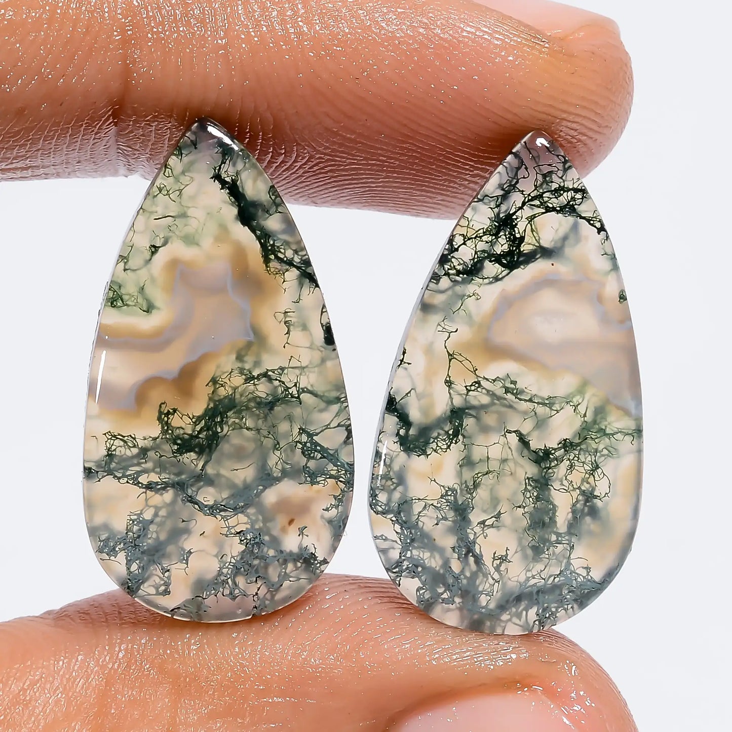 Tempting Top Grade Quality 100% Natural Moss Agate Pear Shape Cabochon Loose Gemstone Pair For Making Earrings 21 Ct. 23X12X3 mm V-7314