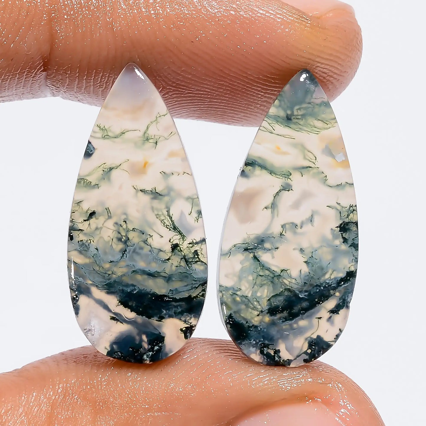 Wonderful Top Grade Quality 100% Natural Moss Agate Pear Shape Cabochon Loose Gemstone Pair For Making Earrings 15 Ct. 22X10X2 mm V-7317