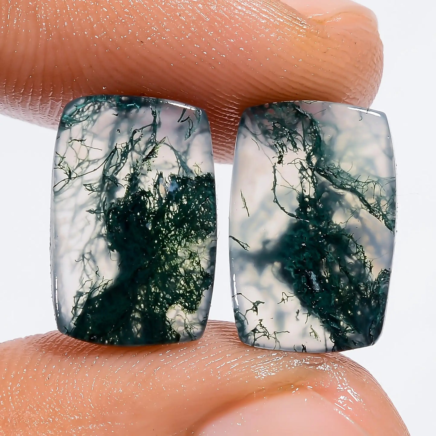 Amazing Top Grade Quality 100% Natural Moss Agate Radiant Shape Cabochon Loose Gemstone Pair For Making Earrings 9 Ct. 13X8X1 mm V-7318