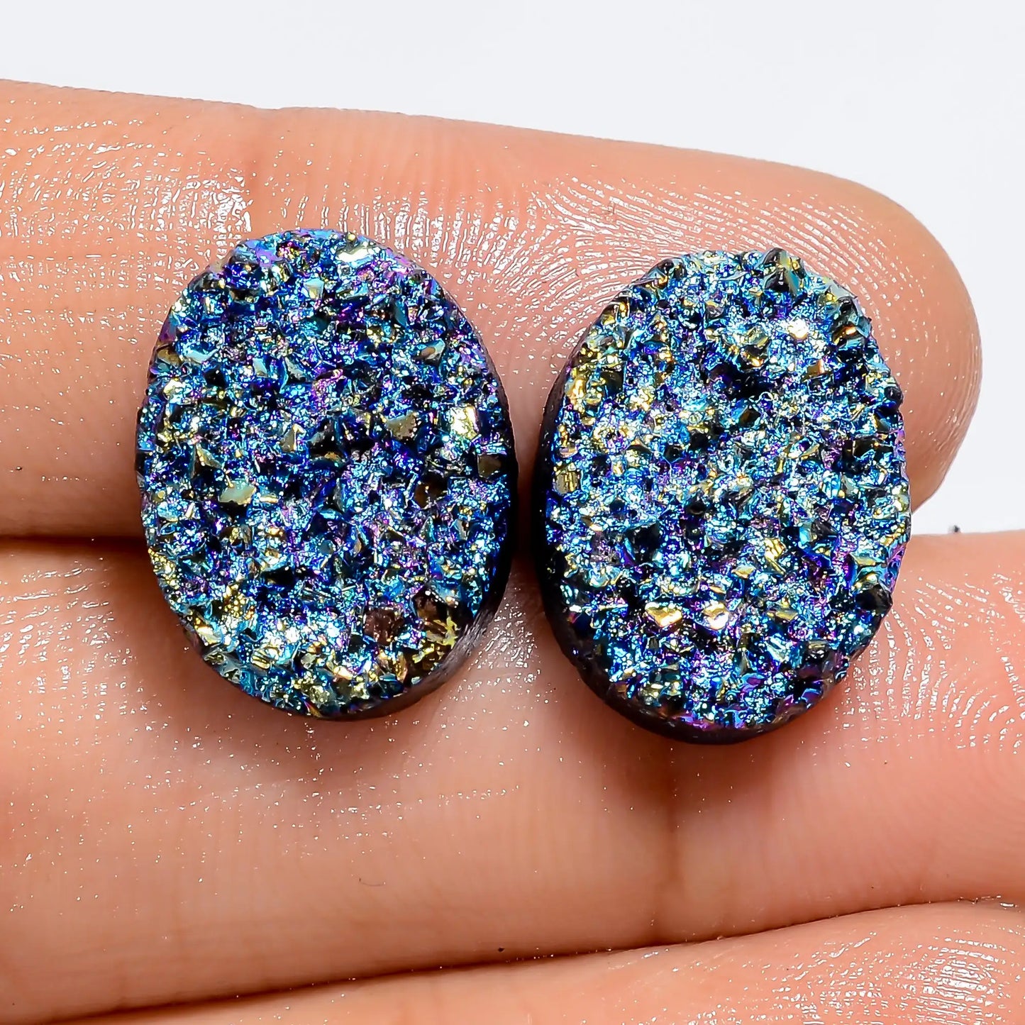 Attractive Top Grade Quality Titanium Druzy Oval Shape Cabochon Loose Gemstone Pair For Making Earrings 15 Ct 15X10X3 mm V-7319