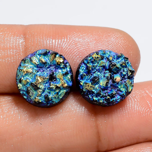 Excellent Top Grade Quality Titanium Druzy Round Shape Cabochon Loose Gemstone Pair For Making Earrings 11.5 Ct 10X10X3 mm V7324