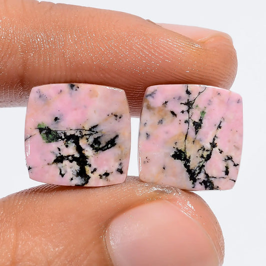 Outstanding Top Grade Quality 100% Natural Rhodonite Cushion Shape Cabochon Loose Gemstone Pair For Making Earrings 13.5 Ct 11X11X2 mm V-7362