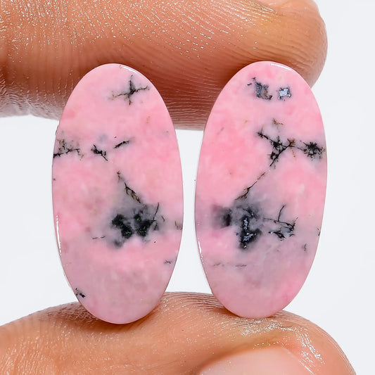 Marvellous Top Grade Quality 100% Natural Rhodonite Oval Shape Cabochon Loose Gemstone Pair For Making Earrings 20.5 Ct. 19X9X3 mm V-7363