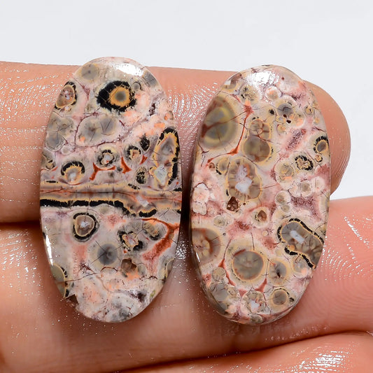 Classic Top Grade Quality 100% Natural Leopard Skin Jasper Oval Shape Cabochon Gemstone Pair For Making Earrings 18.5 Ct. 24X12X3 mm V-7378