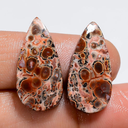 Dazzling Top Grade Quality 100% Natural Leopard Skin Jasper Pear Shape Cabochon Gemstone Pair For Making Earrings 16.5 Ct. 22X10X3 mm V-7379