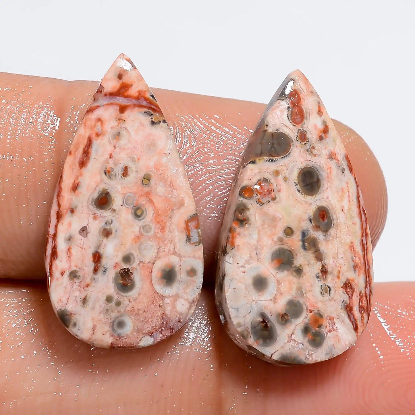 Leopard Skin Jasper Pear Shape Cabochon Loose Gemstone Pair Natural 11.5 Ct. 20X10X2 mm V-7381