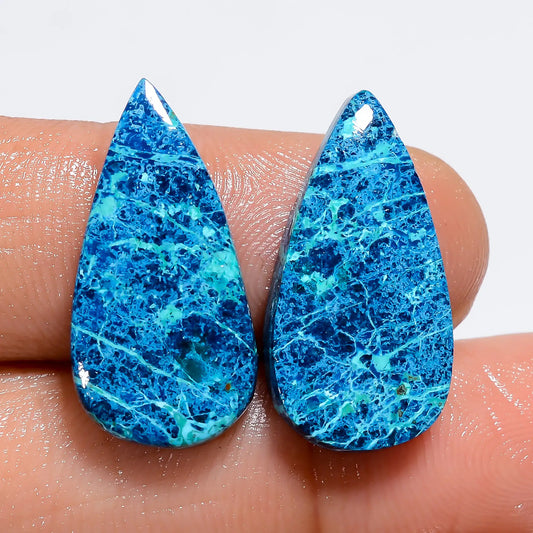 Amazing Top Grade Quality 100% Natural Chrysocolla Pear Shape Cabochon Loose Gemstone Pair For Making Earrings 18.5 Ct. 21X10X2 mm V-7402