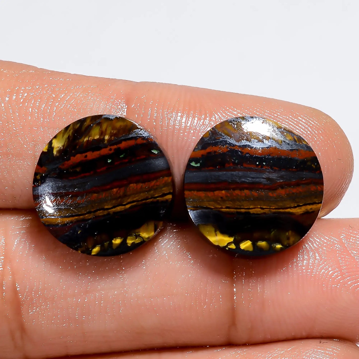 Gorgeous Top Grade Quality 100% Natural Iron Tiger Eye Round Shape Cabochon Loose Gemstone Pair For Making Earrings 23.5 Ct 13X13X3 mm V-7413