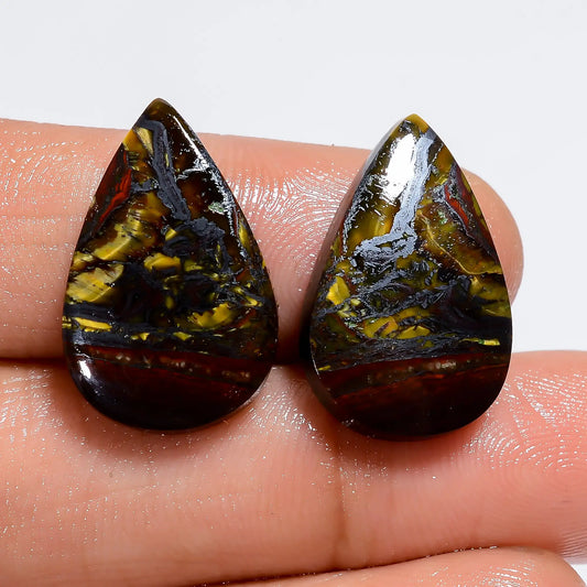 Incredible Top Grade Quality 100% Natural Iron Tiger Eye Pear Shape Cabochon Loose Gemstone Pair For Making Earrings 20.5 Ct 20X12X2 mm V7415