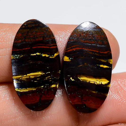 Marvellous Top Grade Quality 100% Natural Iron Tiger Eye Oval Shape Cabochon Loose Gemstone Pair For Making Earrings 22.5 Ct 22X11X2 mm V7419