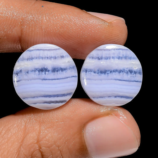 Fabulous Top Grade Quality 100% Natural Blue Lace Agate Round Shape Cabochon Loose Gemstone Pair For Making Earrings 18.5 Ct 13X13X4 mm V-7467