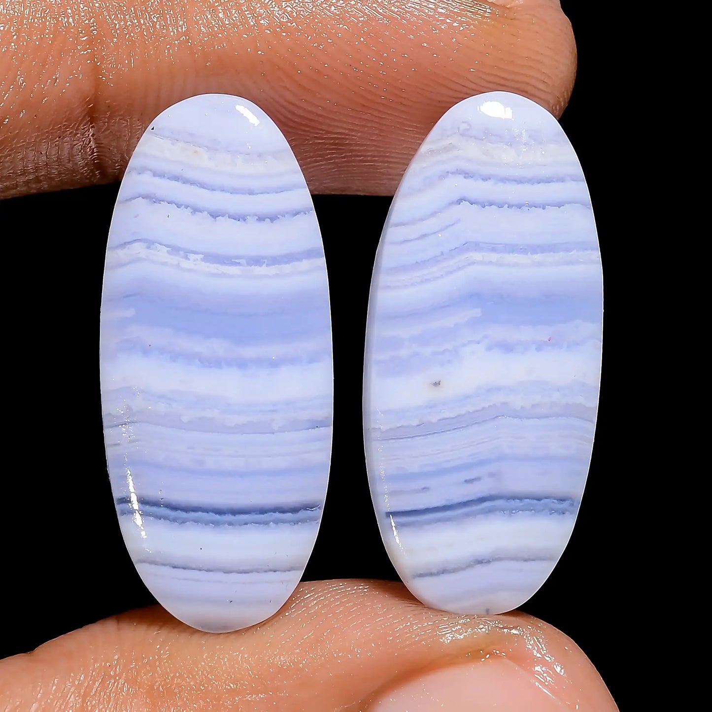 Immaculate Top Grade Quality 100% Natural Blue Lace Agate Oval Shape Cabochon Loose Gemstone Pair For Making Earrings 23 Ct 25X10X3 mm V-7470