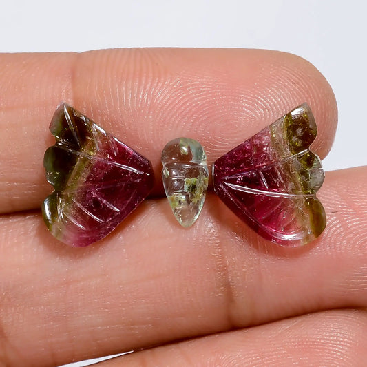 Excellent Top Grade Quality 100% Natural Watermelon Tourmaline Butterfly Carved Gemstone 3 Pcs For Making Jewelry 7 Ct. 8X3 10X9 mm V-7560