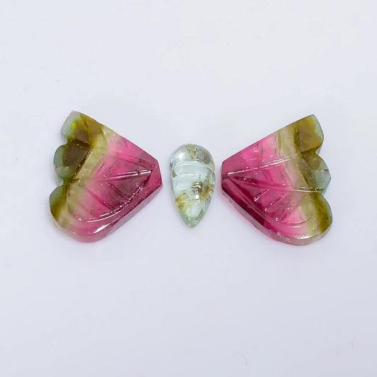 Excellent Top Grade Quality 100% Natural Watermelon Tourmaline Butterfly Carved Gemstone 3 Pcs For Making Jewelry 7 Ct. 8X3 10X9 mm V-7560