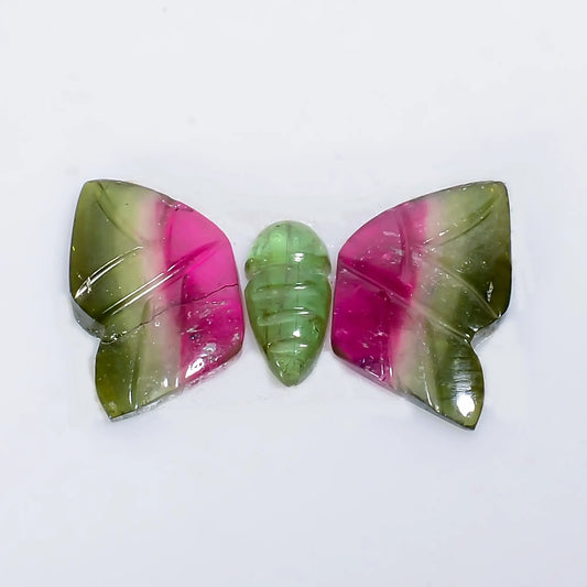 Exclusive Top Grade Quality 100% Natural Watermelon Tourmaline Butterfly Carved Gemstone 3 Pcs For Making Jewelry 4 Ct. 7X2 11X6 mm V-7561