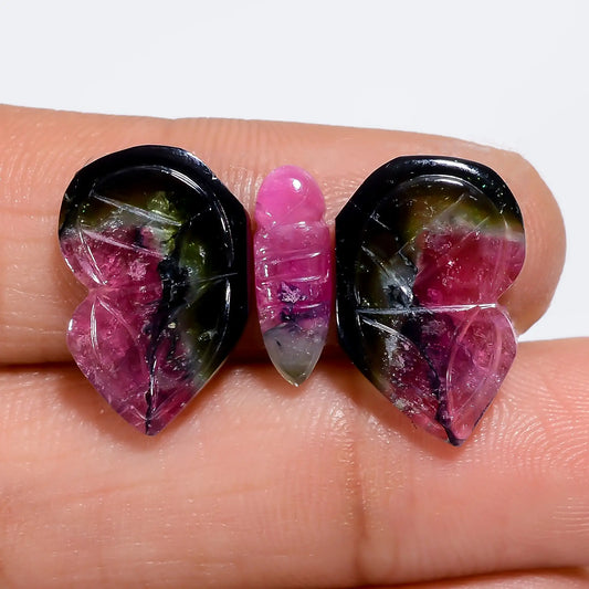 Elegant Top Grade Quality 100% Natural Watermelon Tourmaline Butterfly Carved Gemstone 3 Pcs For Making Jewelry 12.5 Ct 12X3 16X10 mm V-7562