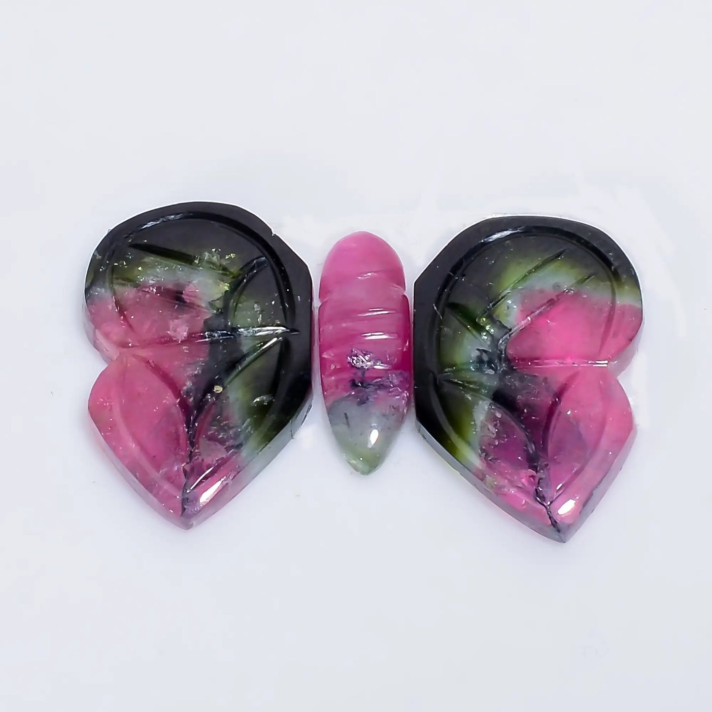 Elegant Top Grade Quality 100% Natural Watermelon Tourmaline Butterfly Carved Gemstone 3 Pcs For Making Jewelry 12.5 Ct 12X3 16X10 mm V-7562