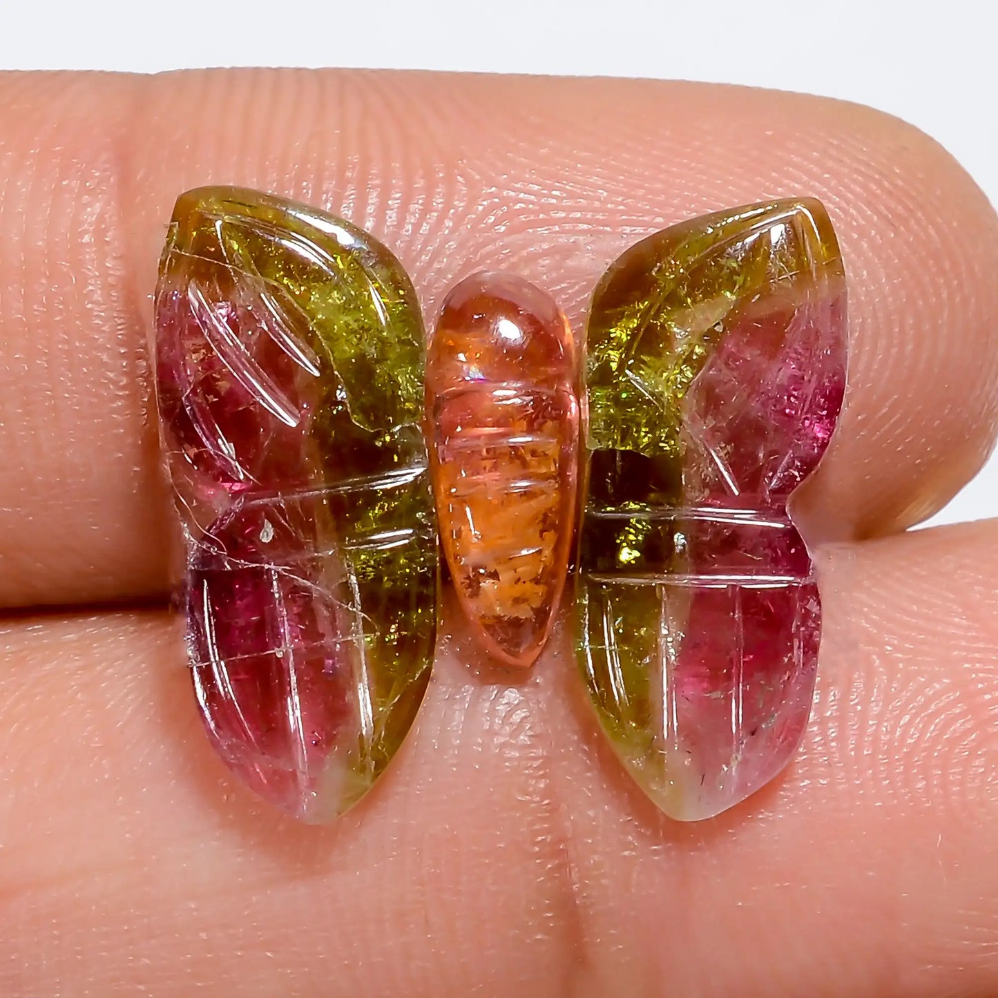 Fabulous Top Grade Quality 100% Natural Watermelon Tourmaline Butterfly Carved Gemstone 3 Pcs For Making Jewelry 7.5 Ct. 10X3 16X6 mm V-7563